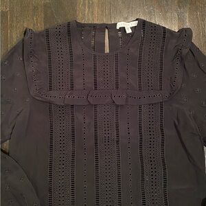 Veronica Beard Silk Striped Black Clover Ruffle Blouse